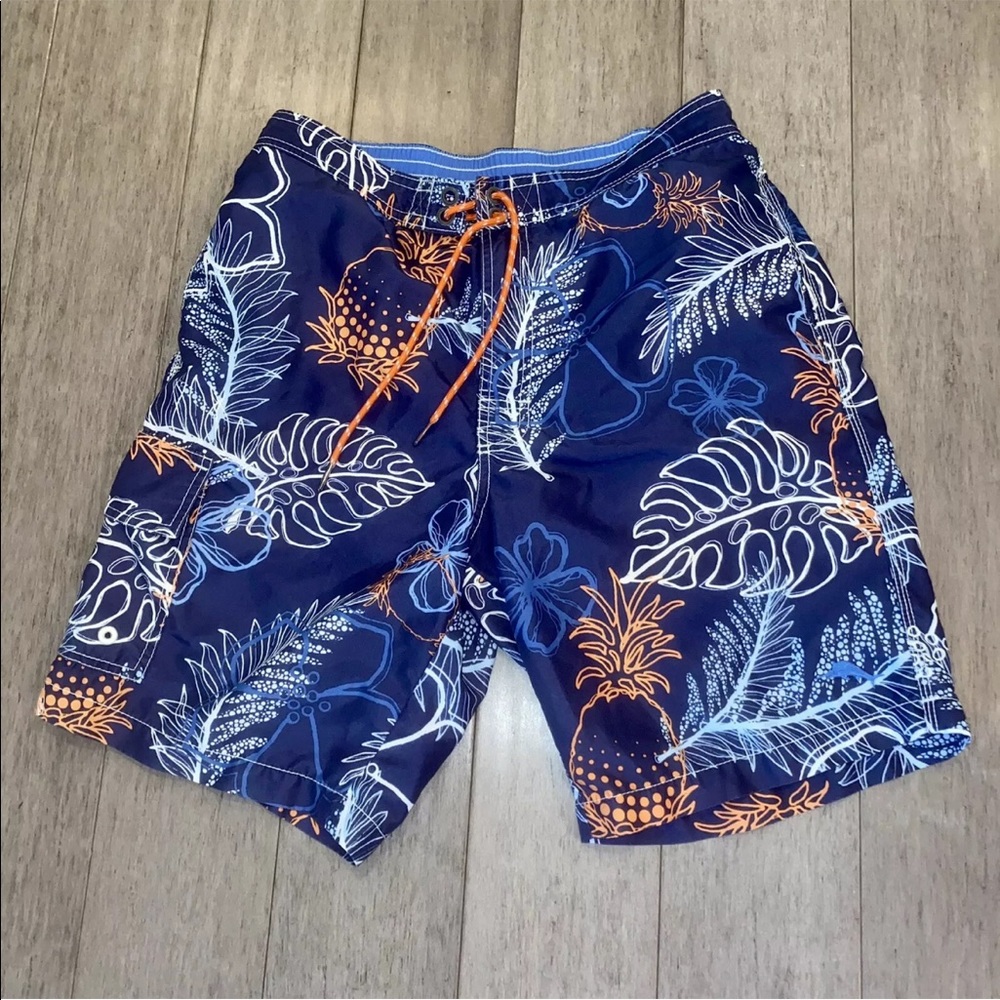 Mens Medium TOMMY BAHAMA Trunks Swim Suit Shorts Marlin Logo Poly Floral Navy